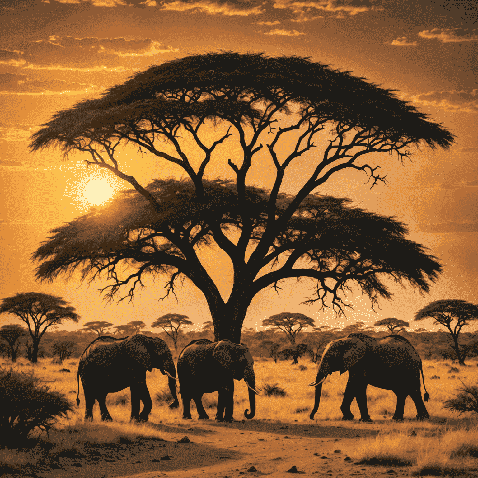 Kruger National Park landscape with elephants and acacia trees at sunset