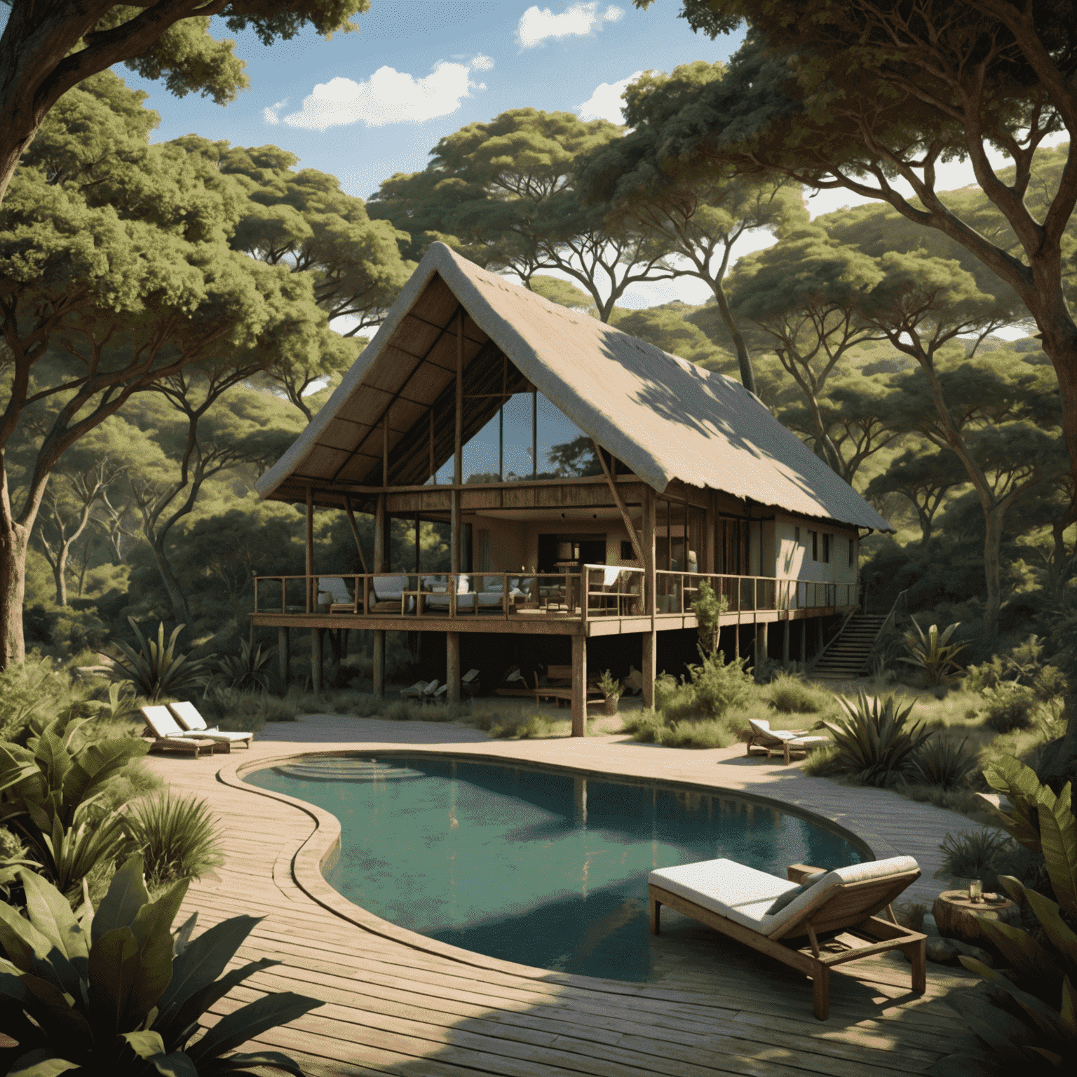 Eco-friendly lodge nestled in a South African national park, surrounded by lush vegetation and wildlife