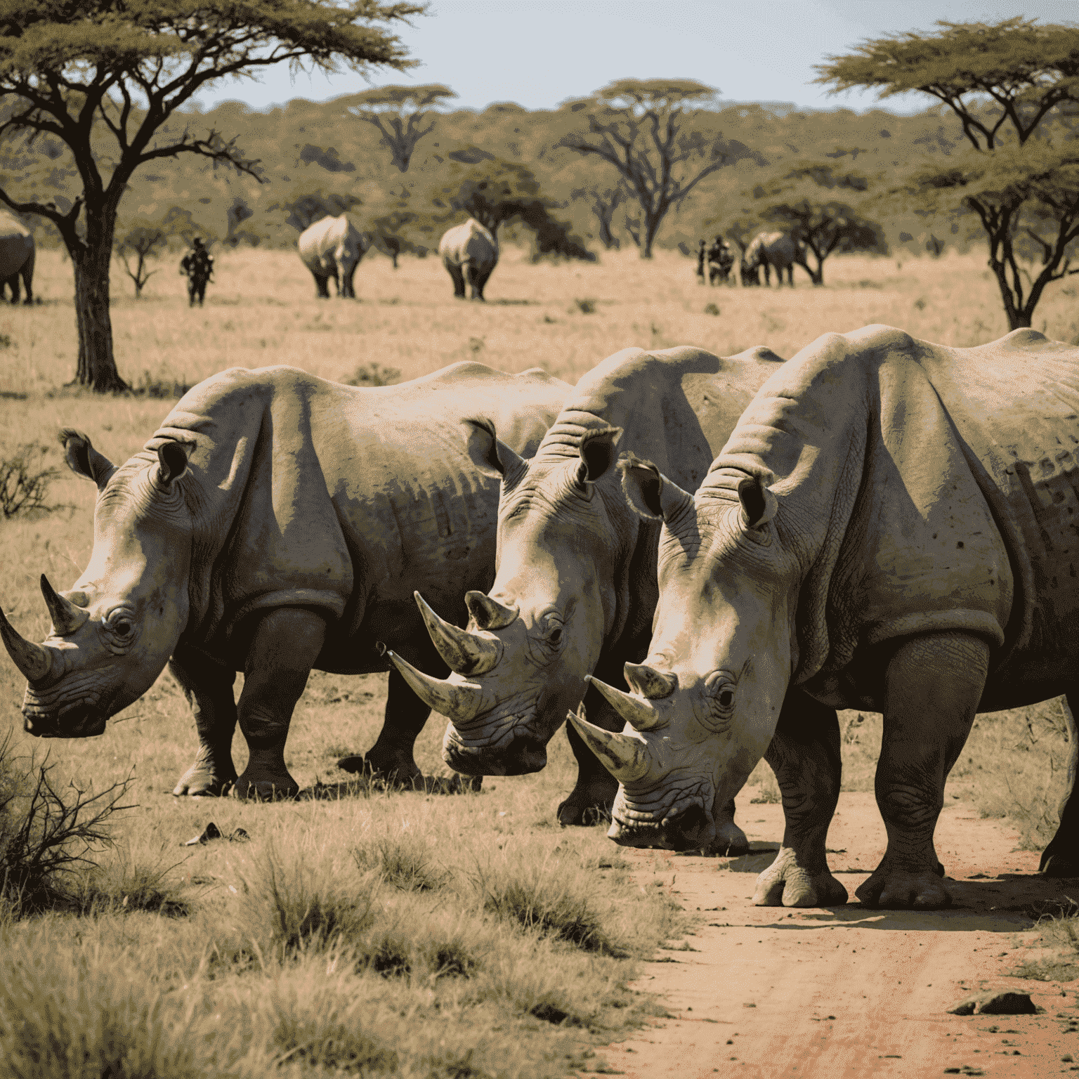 A group of white rhinos grazing peacefully in Kruger National Park, with rangers on patrol in the background