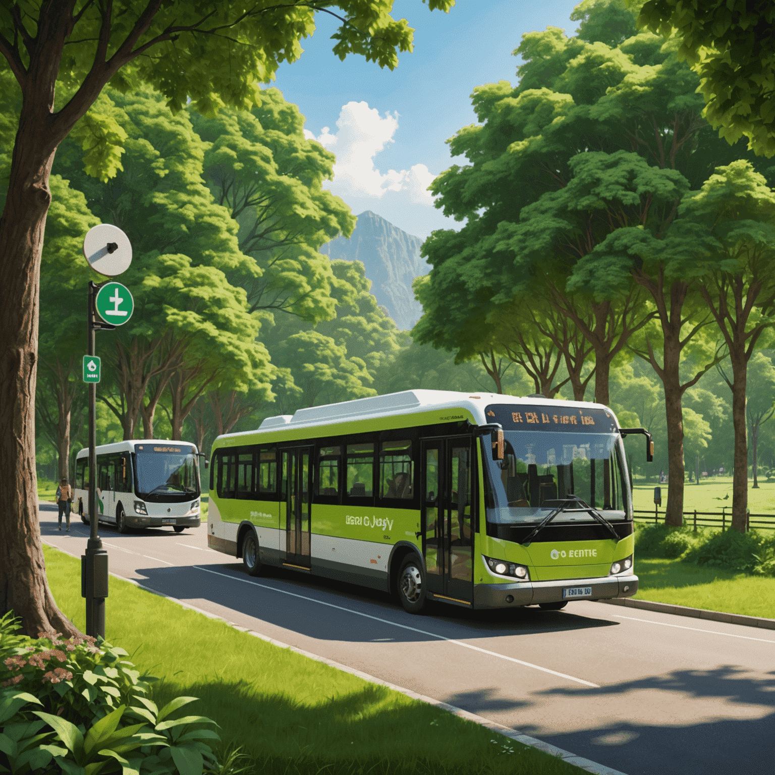 Electric shuttle buses and bicycles in a national park with lush green scenery