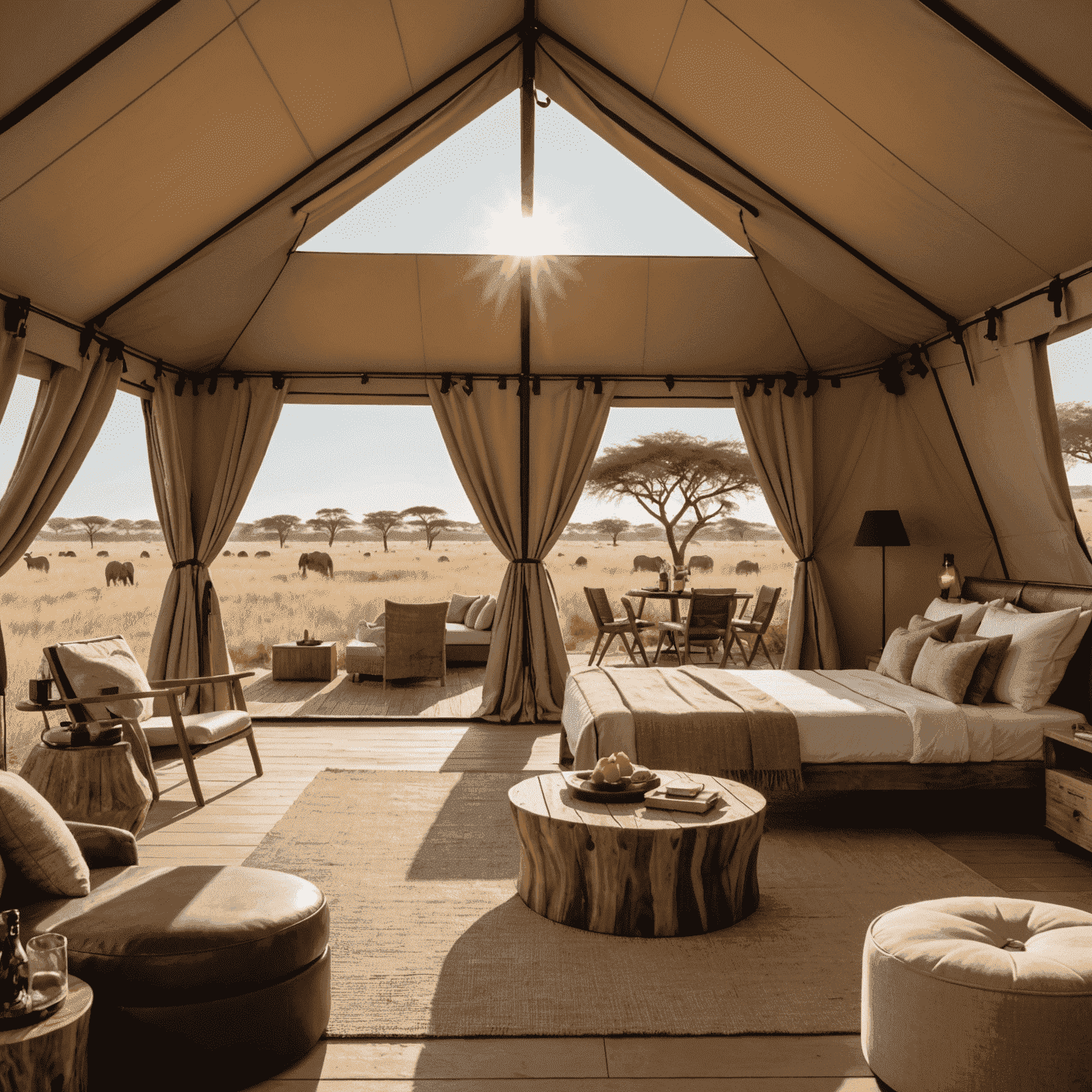 Interior of a solar-powered luxury tent with modern amenities and panoramic views of the savanna