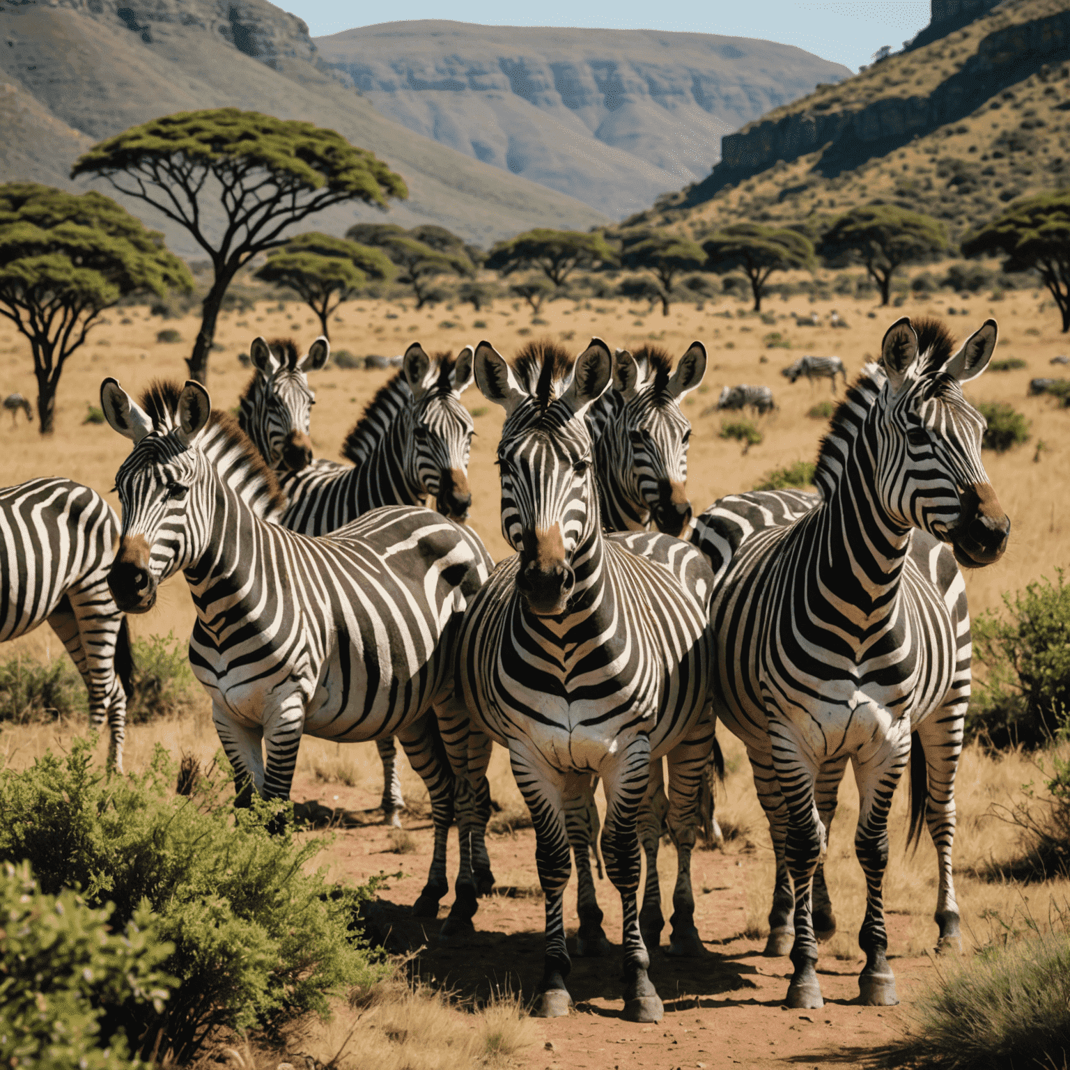 A herd of Cape Mountain Zebras roaming freely in a lush mountain landscape within a South African national park