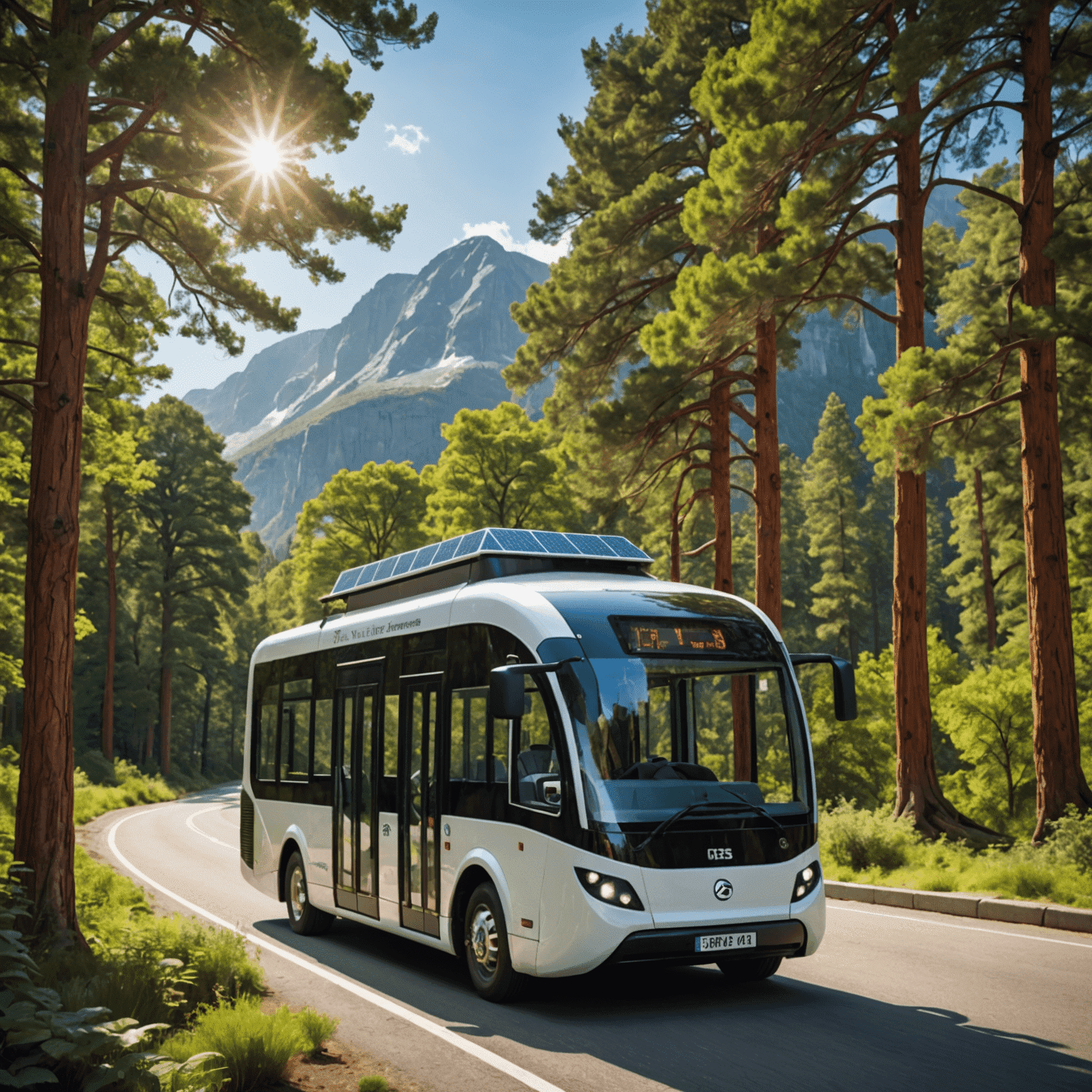 Electric shuttle bus with solar panels on the roof, driving through a scenic national park route