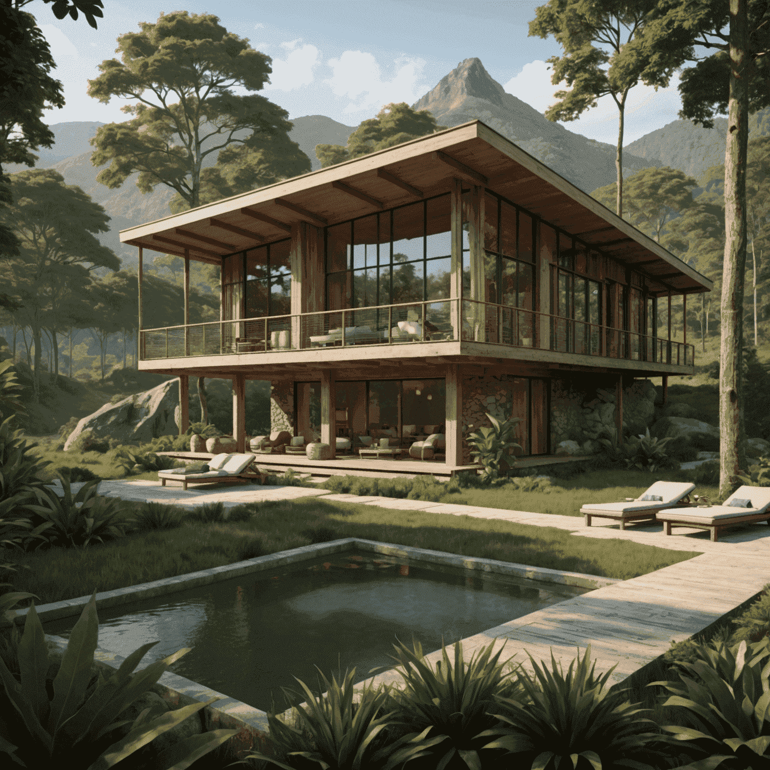 Eco-friendly lodge constructed with sustainable materials, blending seamlessly with the surrounding landscape