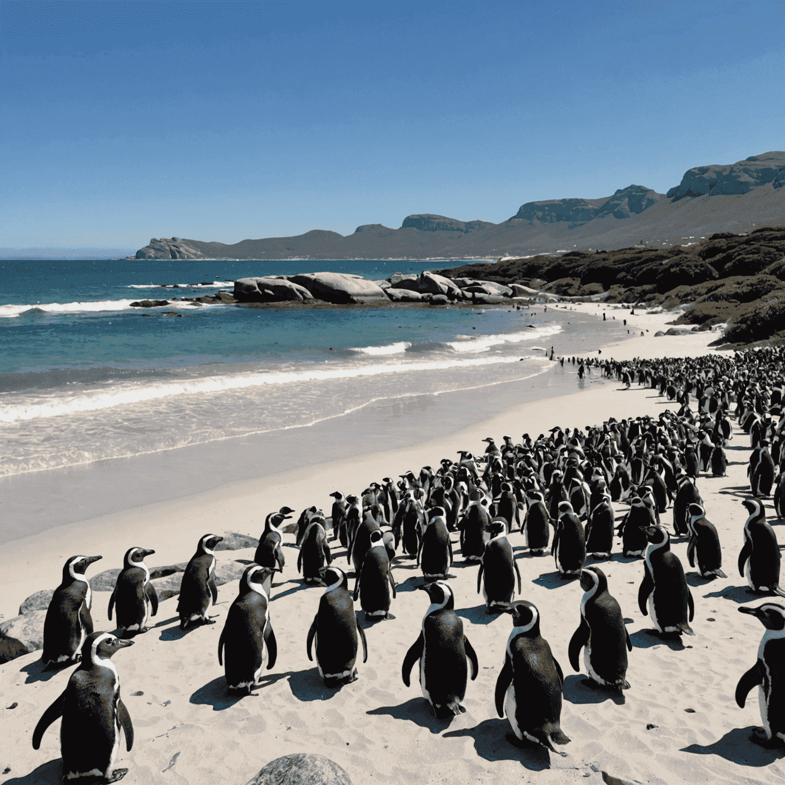 A colony of African Penguins on Boulders Beach in Table Mountain National Park, with tourists observing from a boardwalk