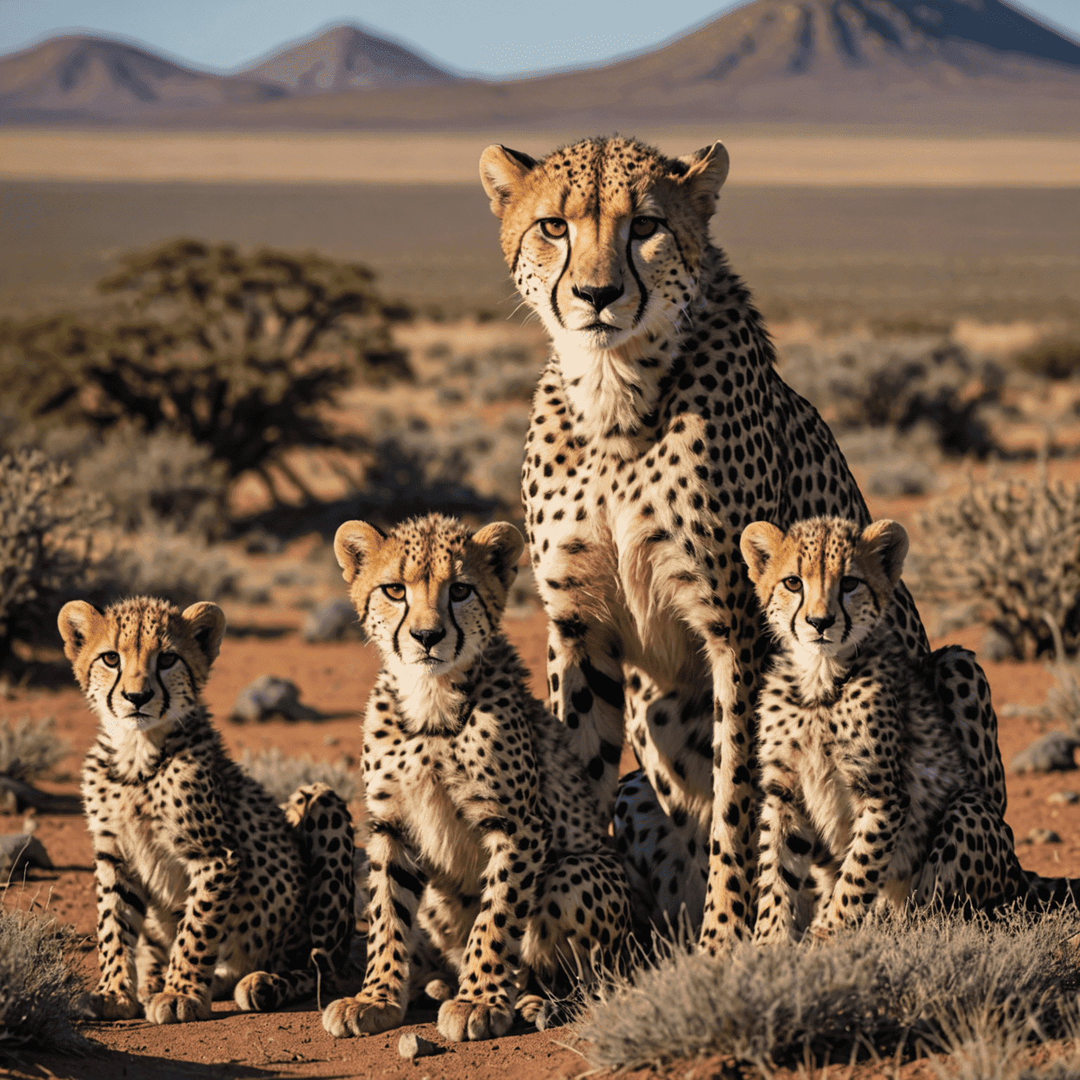 A cheetah family - mother with cubs - in the expansive landscape of Karoo National Park